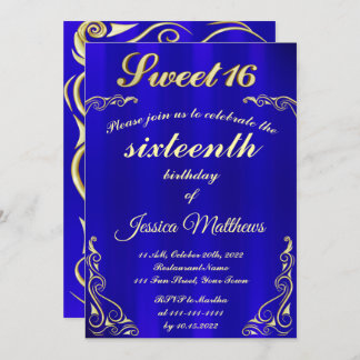 Elegant Blue and Gold Typography Sweet 16 Invitation