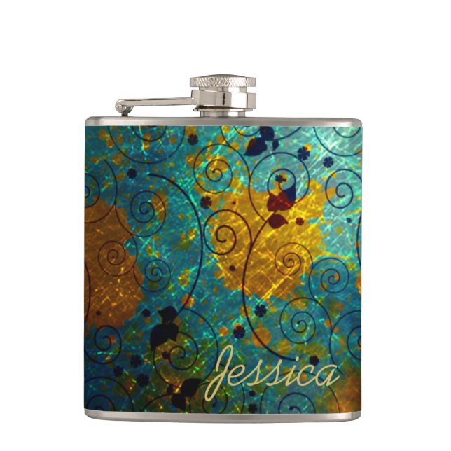 Elegant Blue and Gold Vine Abstract Personalised Hip Flask (Front)