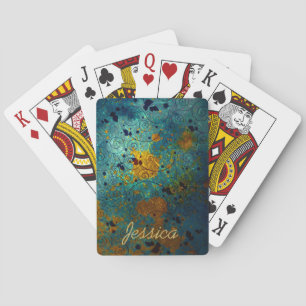 Elegant Blue and Gold Vine Abstract Personalised Playing Cards