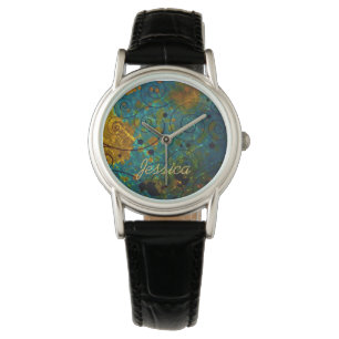 Elegant Blue and Gold Vine Abstract Personalised Watch