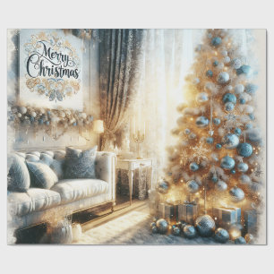 Elegant Blue and Gold Vintage Christmas  Wrapping Paper