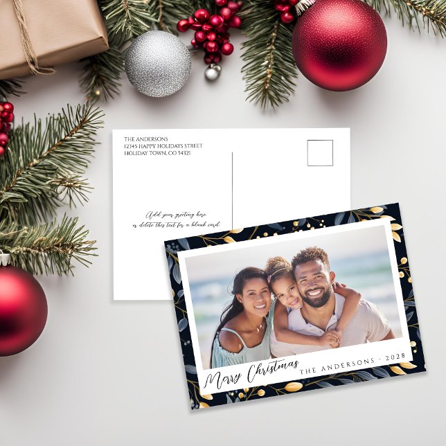 Elegant Blue And Gold Vintage Leaves Holiday Photo (Elegant Blue and Gold Leaf Christmas Postcard)