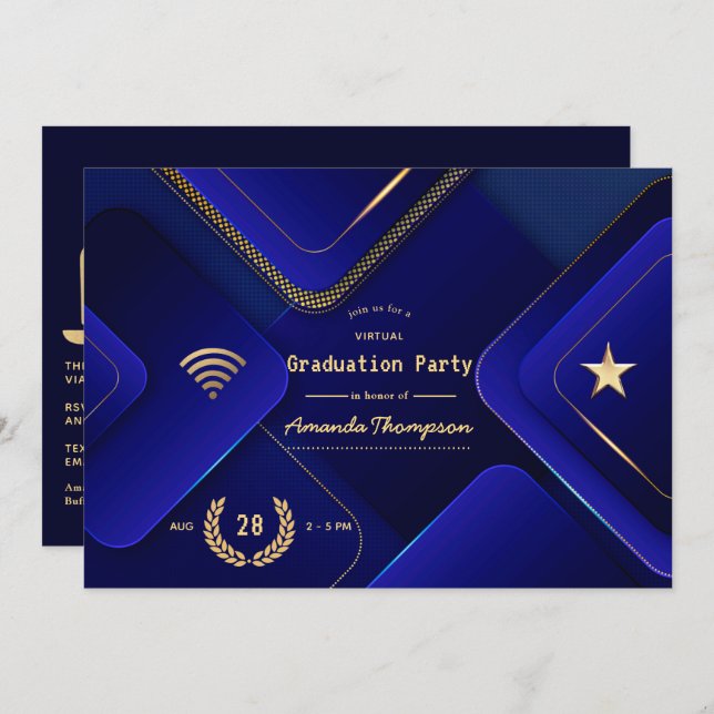 Elegant Blue and Gold Virtual Graduation Party Invitation (Front/Back)