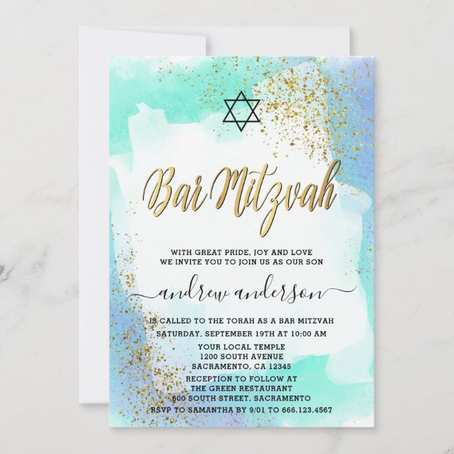 Elegant Blue And Gold Watercolor Bar Mitzvah Invitation (Front)