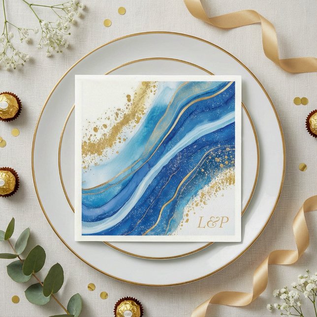 Elegant Blue and Gold watercolor Monogram Napkin (Elegant Blue and Gold watercolor Monogram Napkin.)