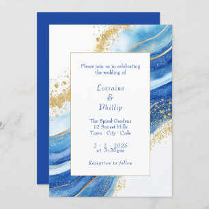 Elegant Blue and Gold Watercolor Wedding Invitation