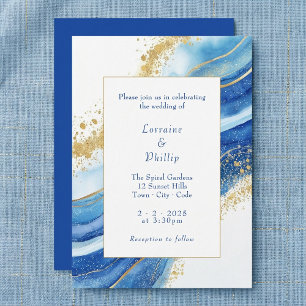 Elegant Blue and Gold Watercolor Wedding Invitation