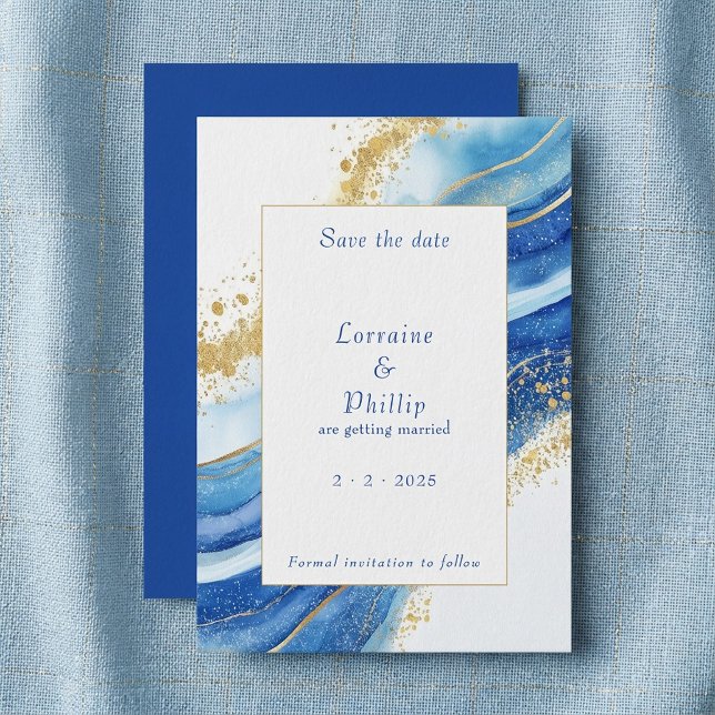  Elegant Blue and Gold Watercolor Wedding  Save The Date (Elegant Blue and Gold Watercolor Wedding Save The Date.)