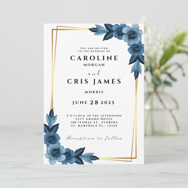 Elegant Blue and Gold Wedding Invitation (Standing Front)