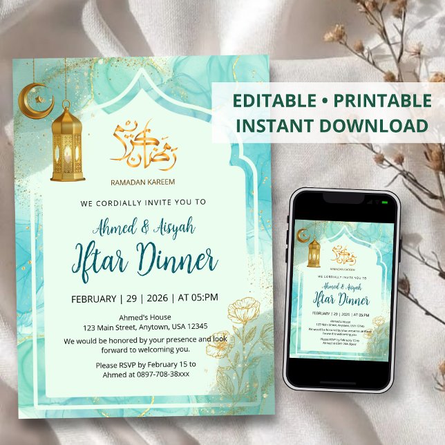 Elegant Blue and Gold with marble texture Iftar Invitation (Creator Uploaded)