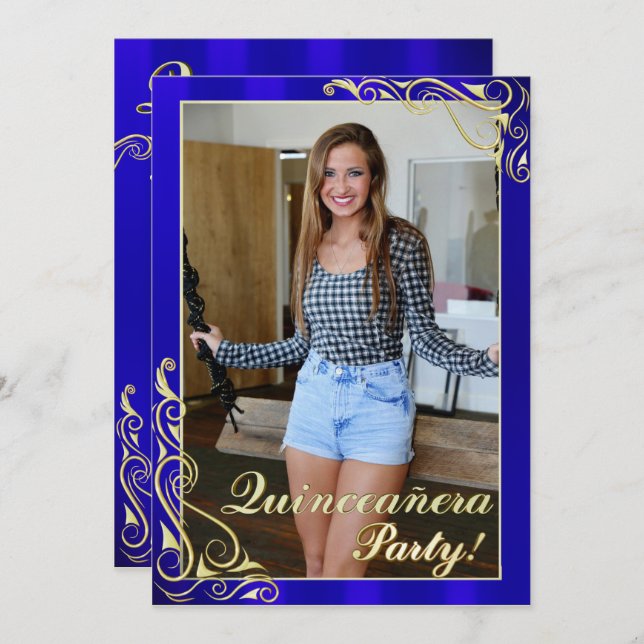 Elegant Blue and Gold Your Photo Quinceañera Invitation (Front/Back)