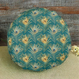 Elegant Blue and Golden Peacock Feathers on Green Round Cushion