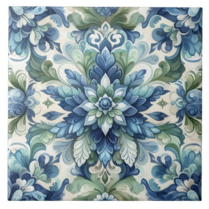 Elegant Blue and Green Floral Ornament Flourish Ceramic Tile
