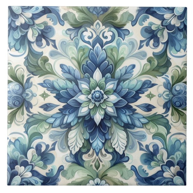 Elegant Blue and Green Floral Ornament Flourish Ceramic Tile (Front)