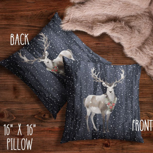 Elegant Blue and Grey Snowy Reindeer Christmas  Cushion