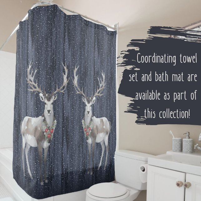Elegant Blue and Grey Snowy Reindeer Christmas  Shower Curtain (Creator Uploaded)