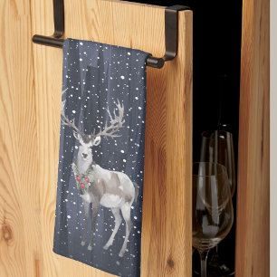 Elegant Blue and Grey Snowy Reindeer Christmas  Tea Towel