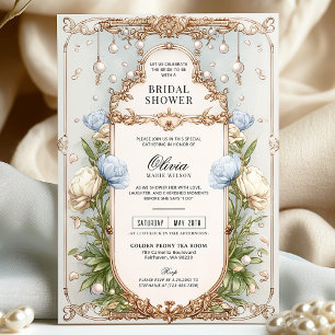 Elegant Blue and Ivory Floral Bridal Shower  Invitation