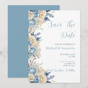 Elegant Blue and Ivory Rose Wedding Save The Date