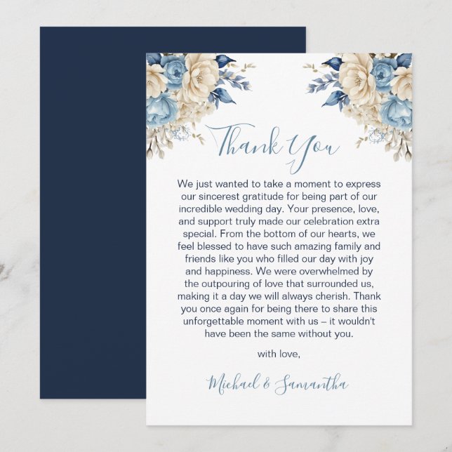 Elegant Blue and Ivory Rose Wedding Thank You Card (Front/Back)