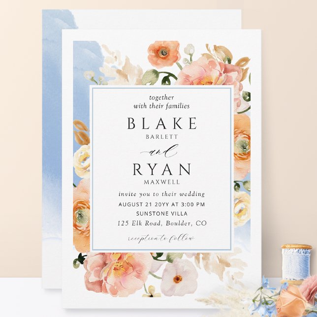 Elegant Blue and Peach Botanical Wedding Invitation (Creator Uploaded)