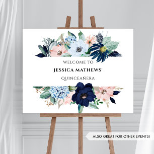 Elegant Blue and Pink Coral Floral, Welcome Sign