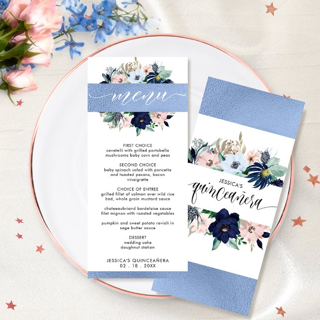 Elegant Blue and Pink Floral Quinceañera Blue Foil Menu (Creator Uploaded)