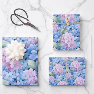 Elegant Blue and Pink Hydrangea Wrapping Paper Sheet