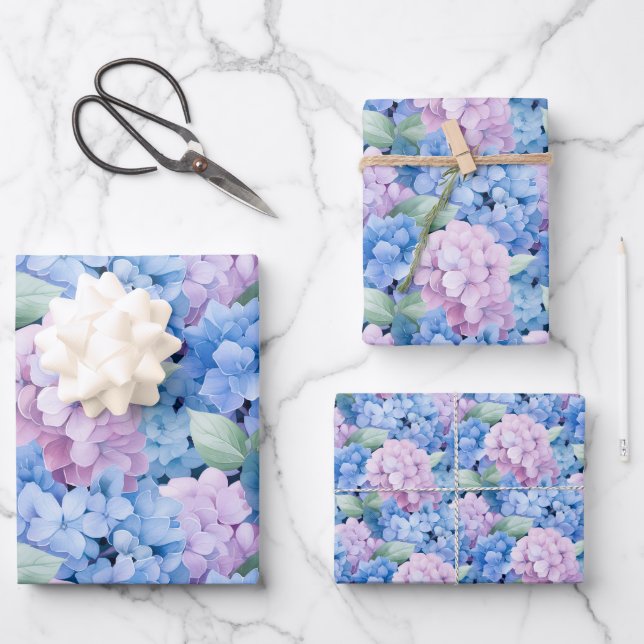 Elegant Blue and Pink Hydrangea Wrapping Paper Sheet (Front)