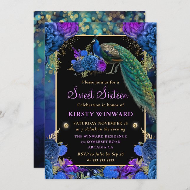 Elegant Blue and Purple Floral Peacock Sweet 16 Invitation (Front/Back)