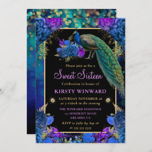 Elegant Blue and Purple Floral Peacock Sweet 16 Invitation
