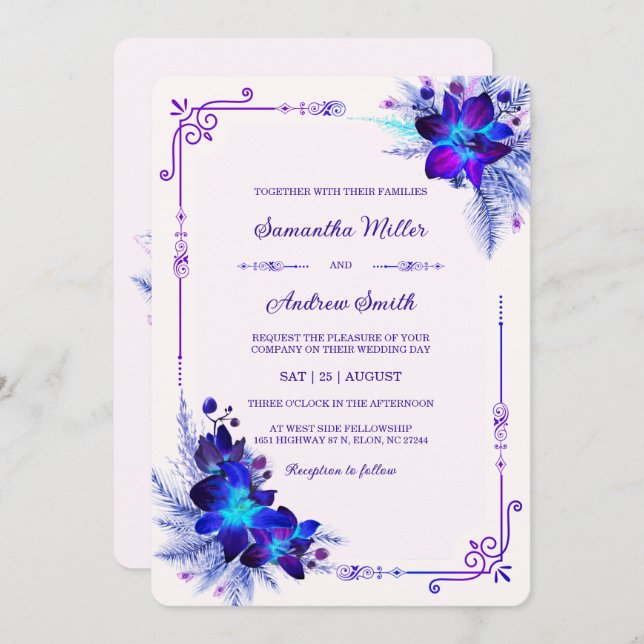 Elegant Blue and Purple Orchid Wedding Invitation (Front/Back)