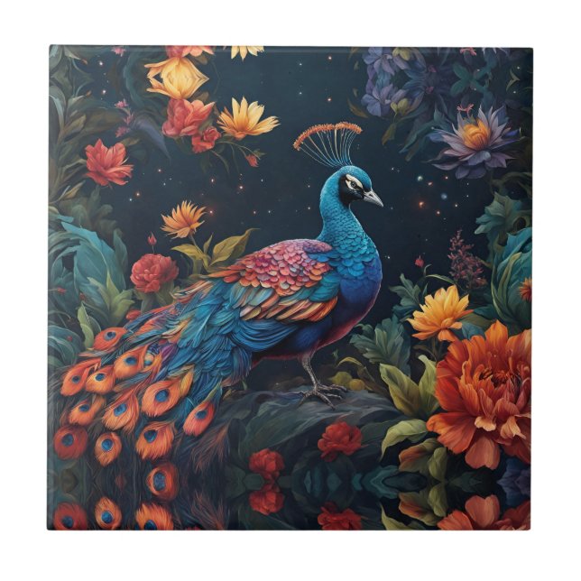 Elegant Blue and range Peacock Star Filled Garden Ceramic Tile (Front)