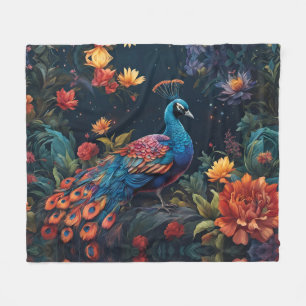 Elegant Blue and range Peacock Star Filled Garden Fleece Blanket