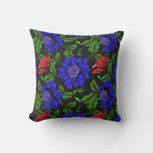 Elegant Blue And Red Flower Black Background Cushion
