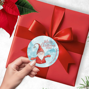 Elegant Blue and Red Gnome Custom Merry Christmas Classic Round Sticker
