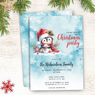 Elegant Blue and Red Penguin Christmas Invitation