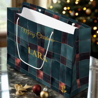 Elegant Blue and Red Plaid Christmas Custom Large Gift Bag