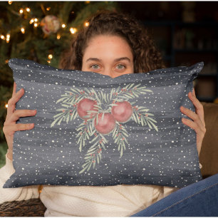 Elegant Blue and Red Snowy botanical Christmas  Decorative Cushion