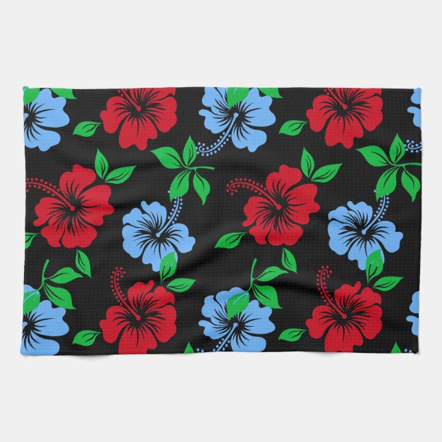 Elegant blue and Red Tropical Floral Pattern | Tea Towel (Horizontal)