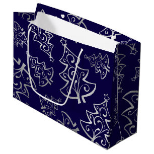 Elegant Blue and Silver Faux Foil Christmas Tree Large Gift Bag