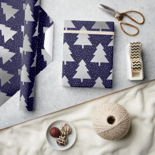 Elegant Blue and Silver Faux Foil Christmas Tree Wrapping Paper
