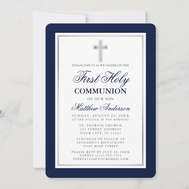 Elegant Blue and Silver First Holy Communion Invitation (Front)