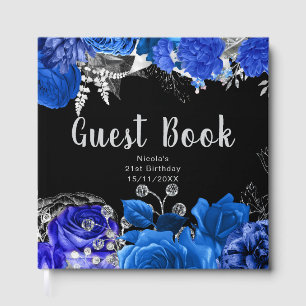 Elegant Blue and Silver Flowers Birthday Party Guest Book