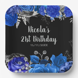 Elegant Blue and Silver Flowers Birthday Party Paper Plate