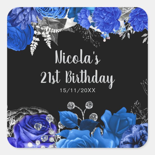 Elegant Blue and Silver Flowers Birthday Party Square Sticker (Front)