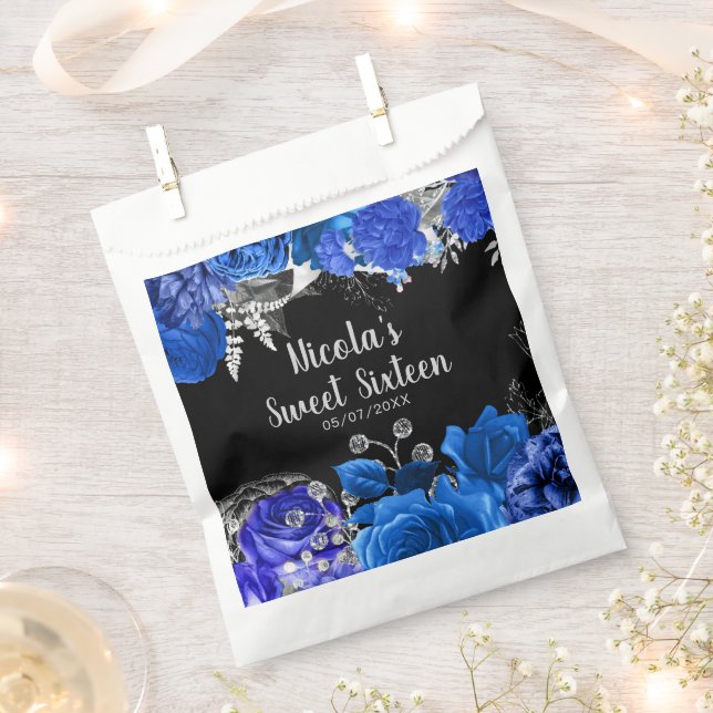 Elegant Blue and Silver Flowers Sweet Sixteen Favour Bag (Clipped)