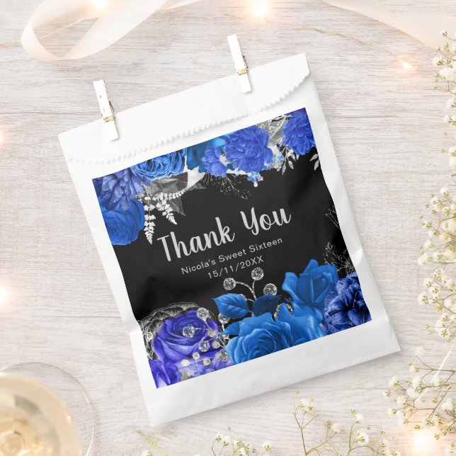 Elegant Blue and Silver Flowers Sweet Sixteen Favour Bag (Clipped)