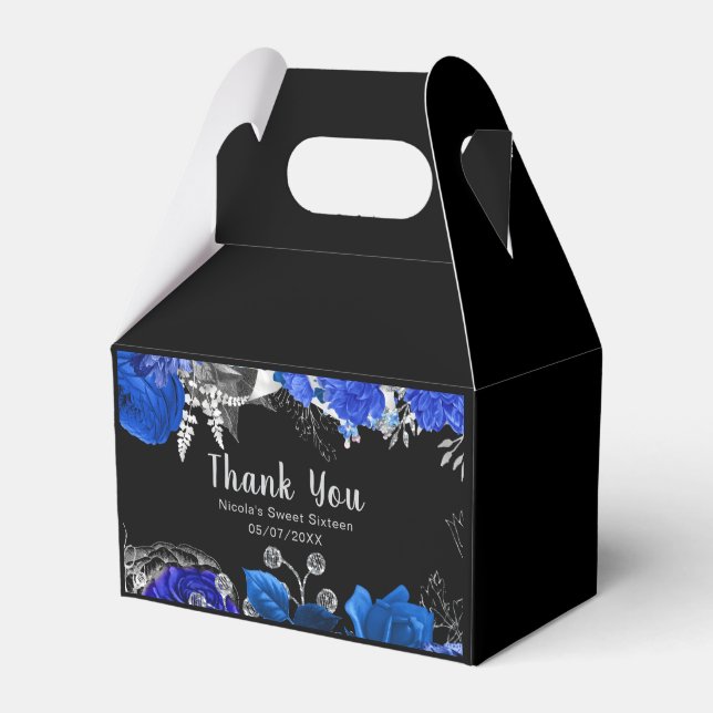 Elegant Blue and Silver Flowers Sweet Sixteen Favour Box (Front Side)