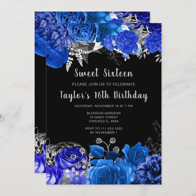 Elegant Blue and Silver Flowers Sweet Sixteen Invitation (Front/Back)